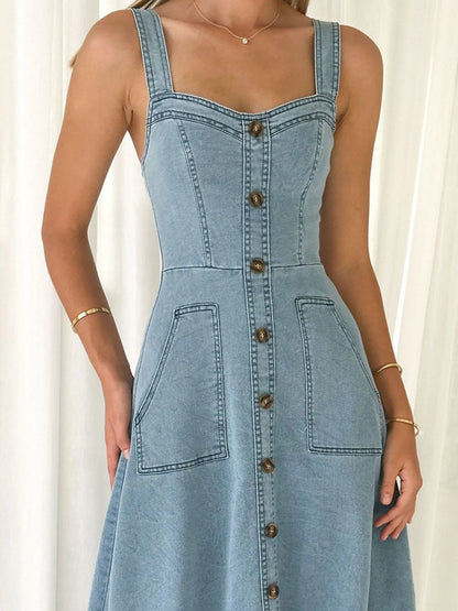 Wide Strap Sweetheart Neck Denim Dress - Tigbul's Variety Fashion Shop