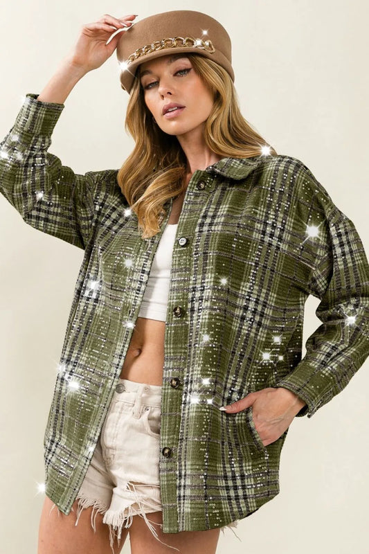 Allover Clear Sequins Vintage Plaid Jacket - Tigbul's Variety Fashion Shop