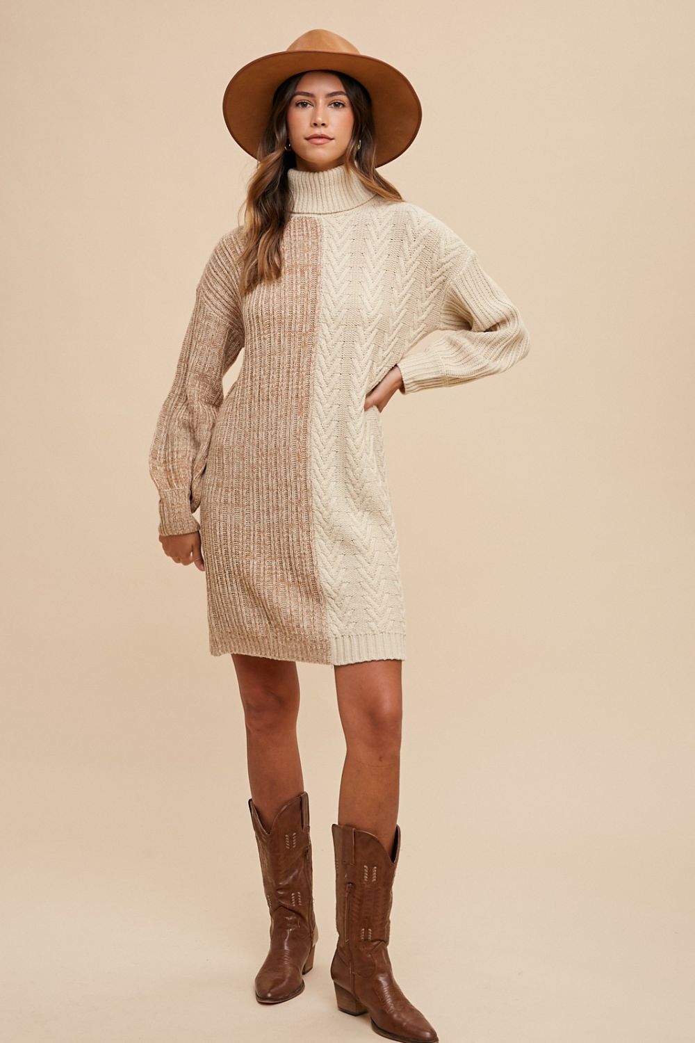 Taupe Color Block Turtleneck Sweater Dress - Tigbul's Variety Fashion Shop