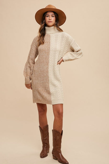 Taupe Color Block Turtleneck Sweater Dress - Tigbul's Variety Fashion Shop