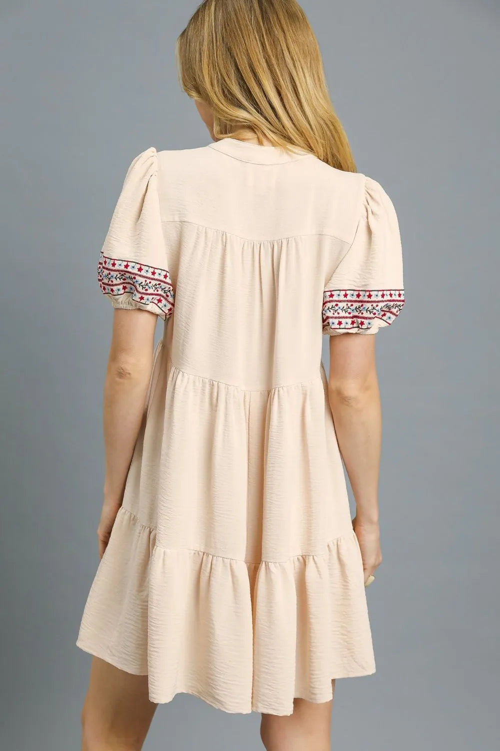 Umgee Floral Trim Puff Sleeve Mini Dress - Tigbul's Variety Fashion Shop
