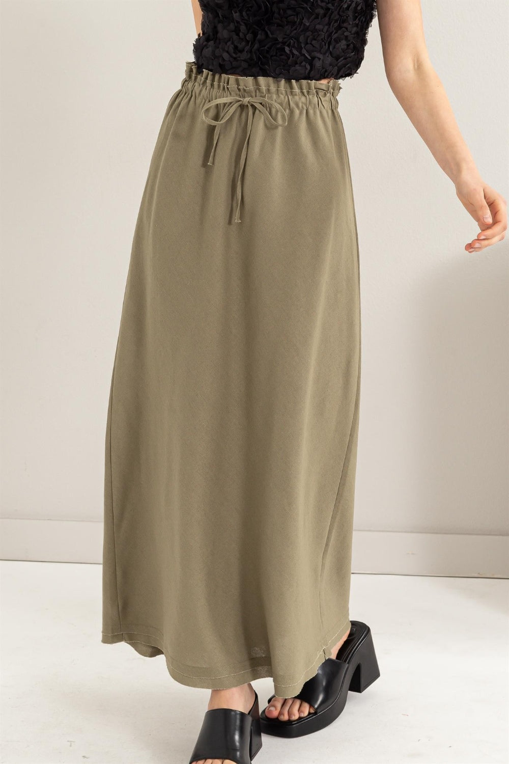 Olive Green Drawstring Washed Linen Maxi Skirt - Tigbul's Variety Fashion Shop