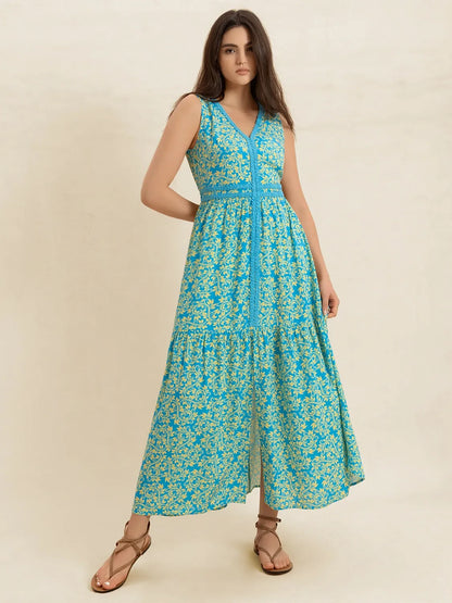Teal Printed V-Neck Sleeveless Dress - Tigbul's Variety Fashion Shop