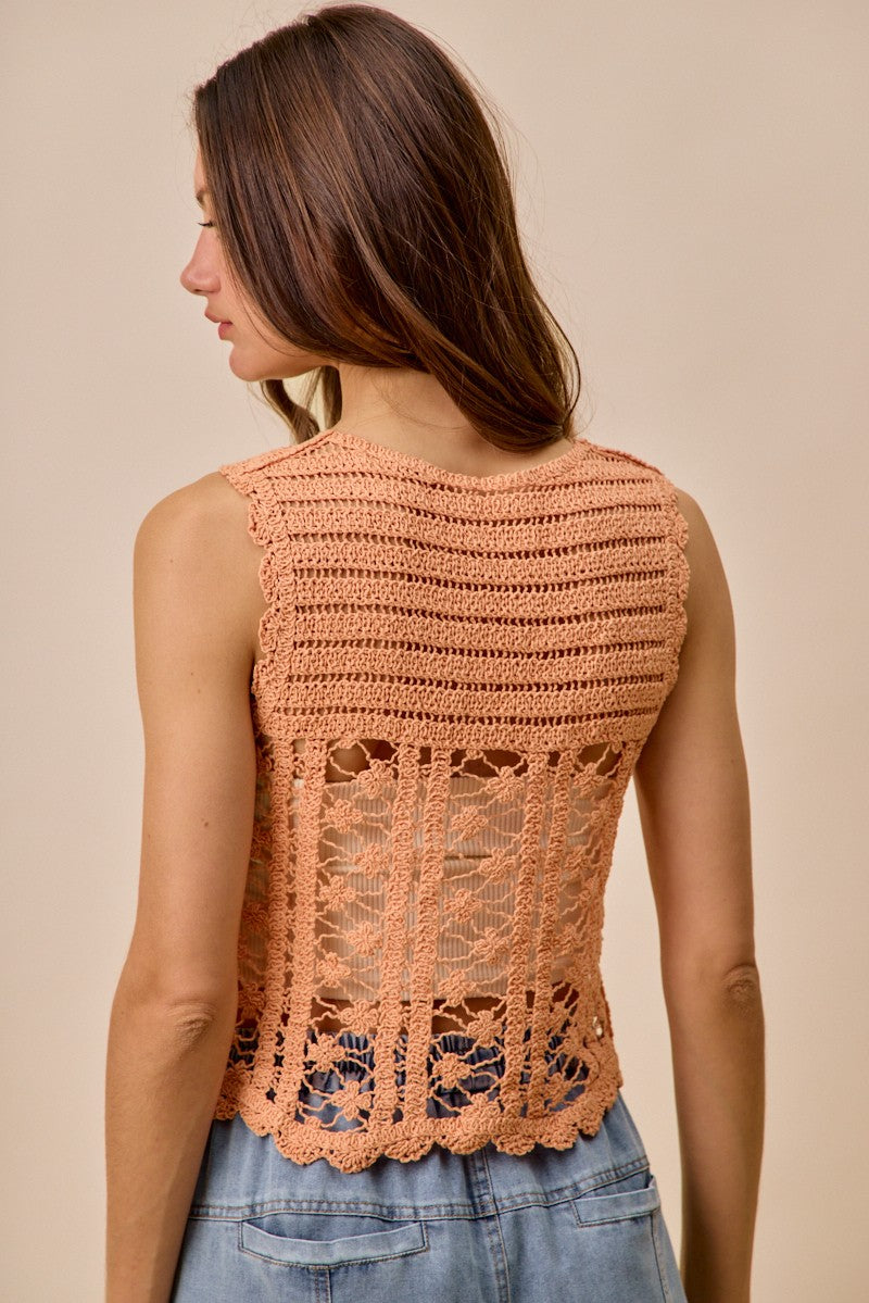 Peach Color Crochet Knit Lace Sweater Tank Top - Tigbul's Variety Fashion Shop
