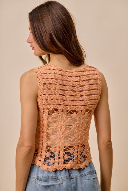 Peach Color Crochet Knit Lace Sweater Tank Top - Tigbul's Variety Fashion Shop