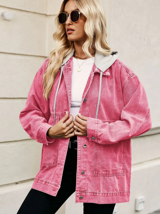 Oversized Button Up Denim Jacket with Hood - Tigbul's Variety Fashion Shop