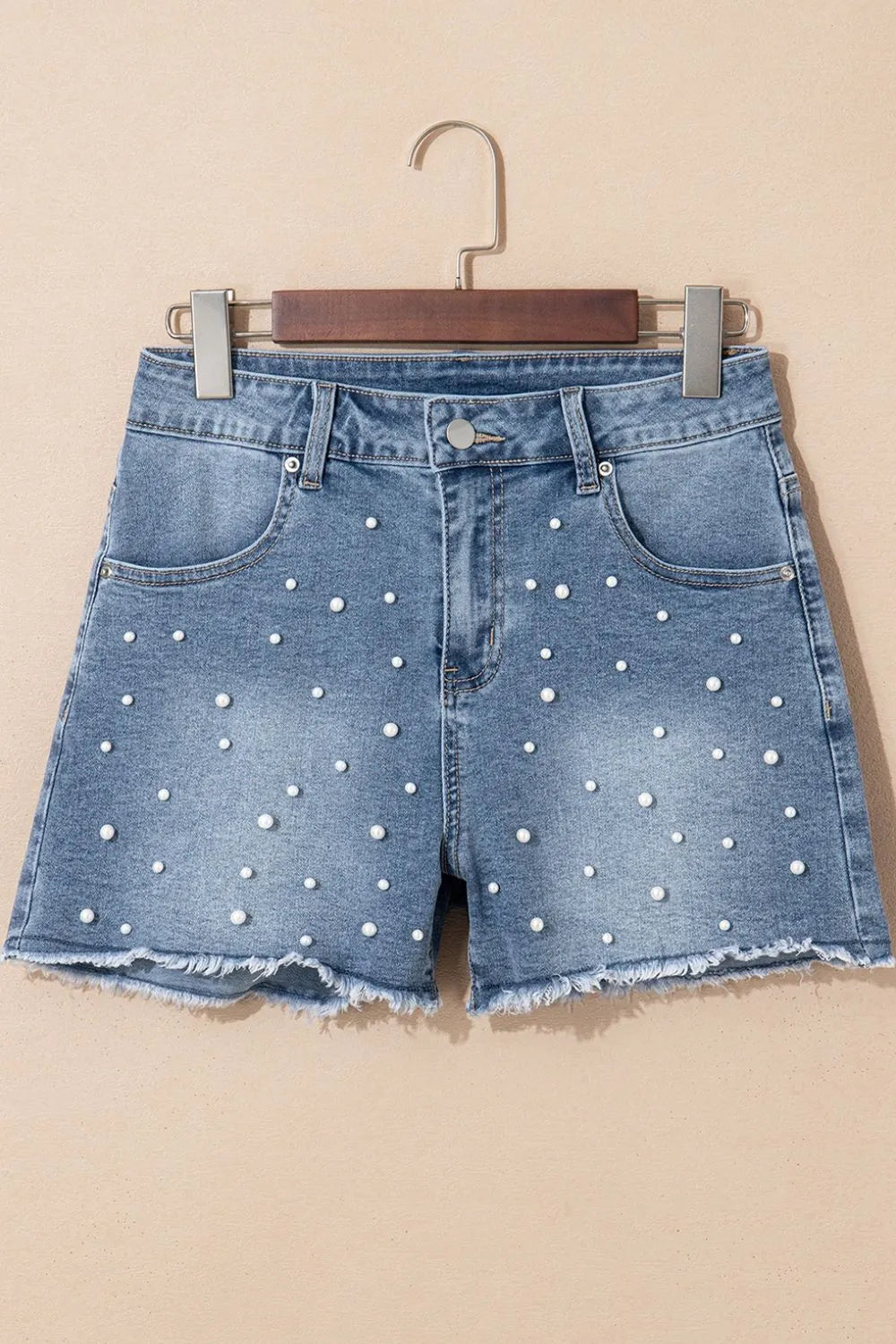 Pearl Beaded Raw Hem Wash Denim Shorts - Tigbul's Variety Fashion Shop