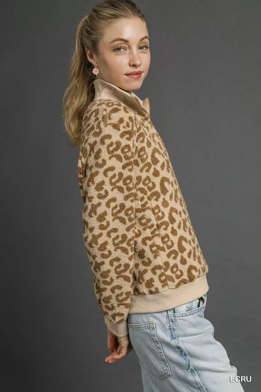 Umgee Leopard Print Quarter-Zip Sweatshirt - Tigbul's Variety Fashion Shop