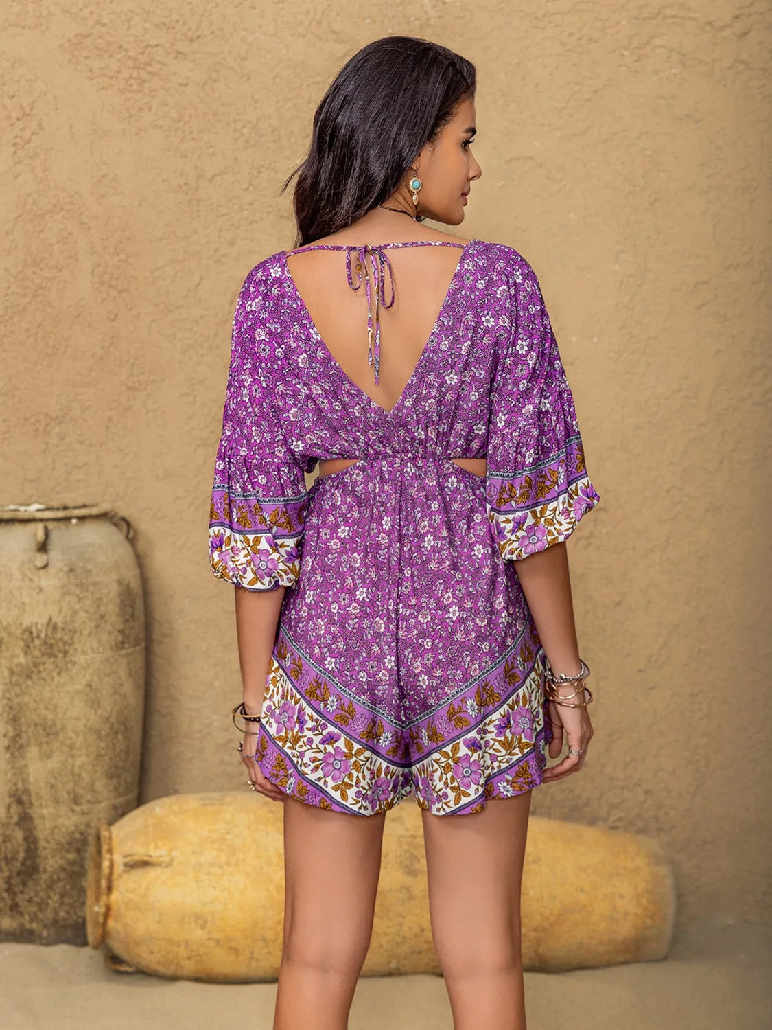 Tied Front Cutout Printed Romper - Tigbul's Variety Fashion Shop