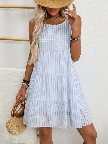 Plaid Round Neck Sleeveless Mini Dress - Tigbul's Variety Fashion Shop