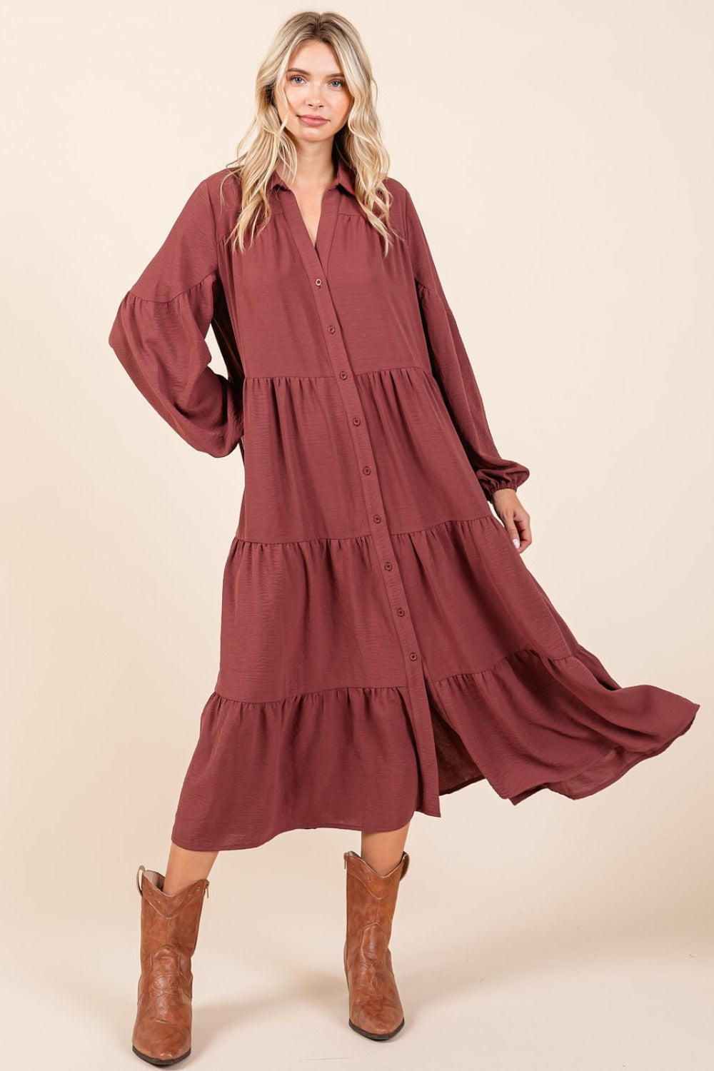 Mittoshop Tiered Button Down Long Sleeve Midi Dress - Tigbul's Variety Fashion Shop