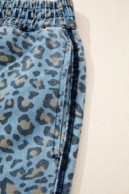 Leopard Print Exposed Seam Detail Wide Leg Drawstring Jeans - Tigbul's Variety Fashion Shop