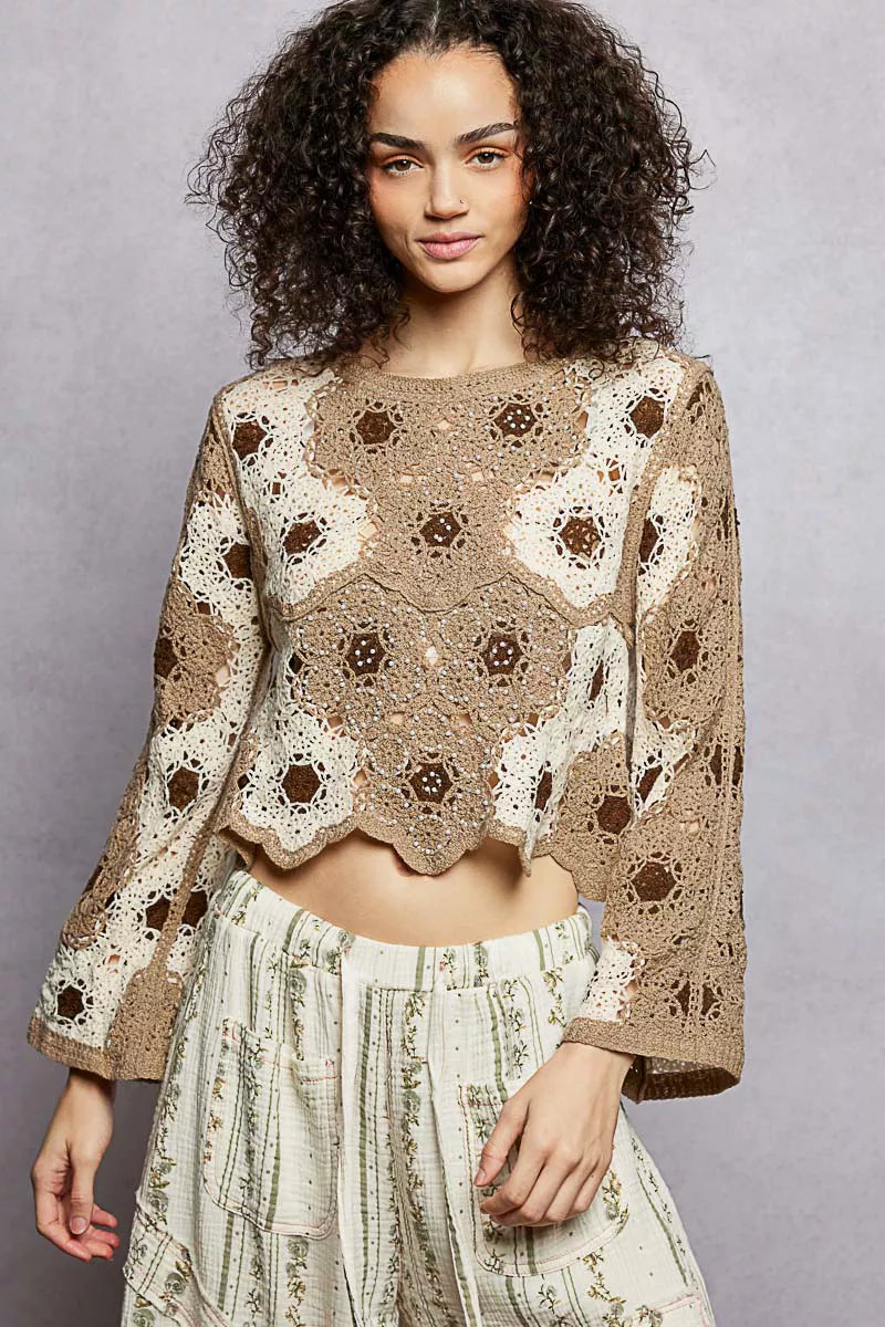 POL Floral Weave Pattern Crochet Cropped Top with Beads Detail - Tigbul's Variety Fashion Shop