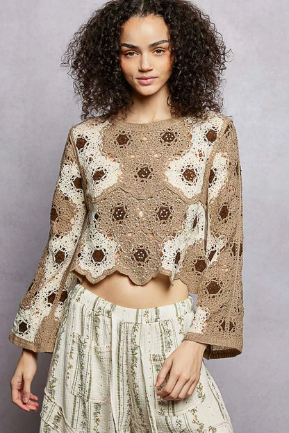 POL Floral Weave Pattern Crochet Cropped Top with Beads Detail - Tigbul's Variety Fashion Shop