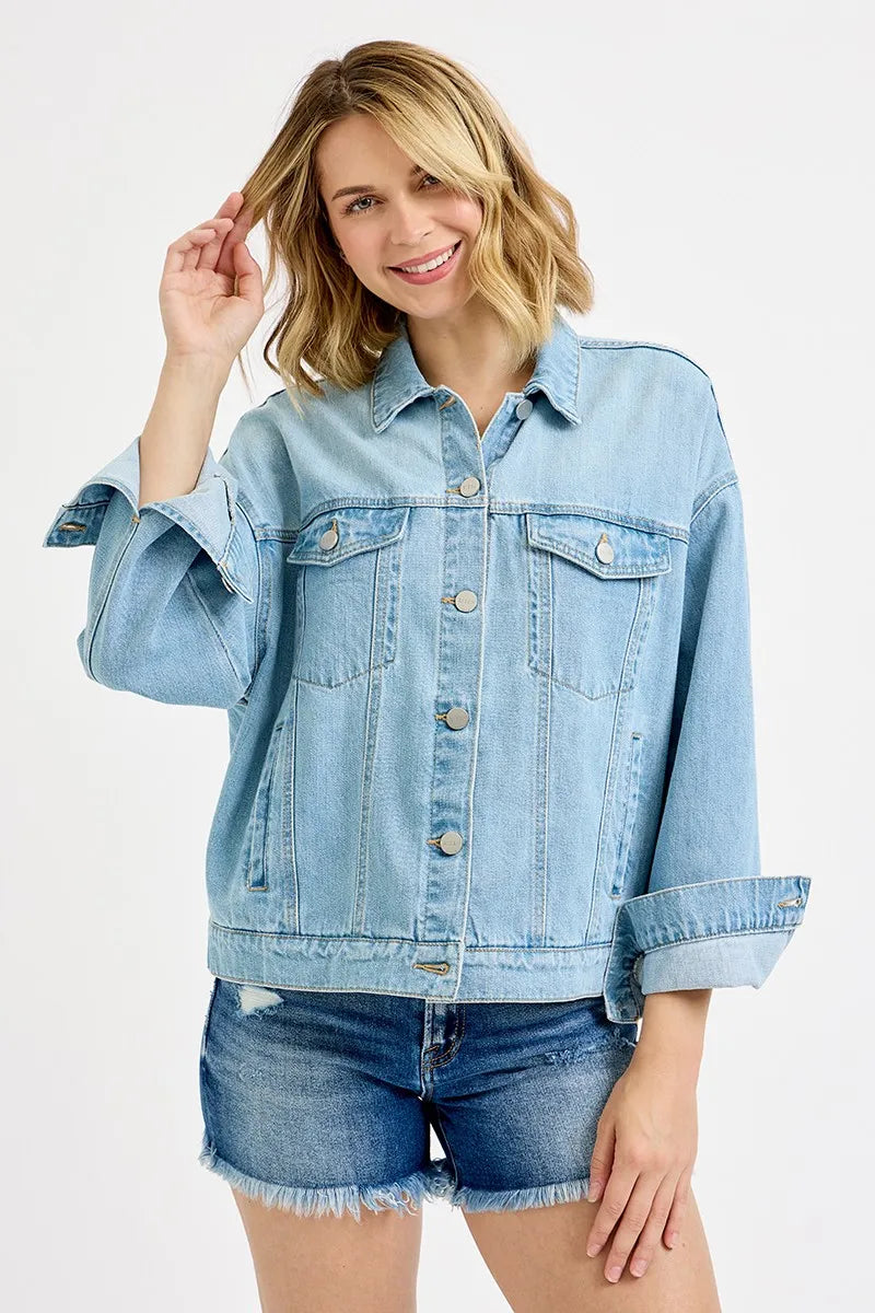 RISEN Washed Dropped Shoulder Denim Jacket - Tigbul's Variety Fashion Shop
