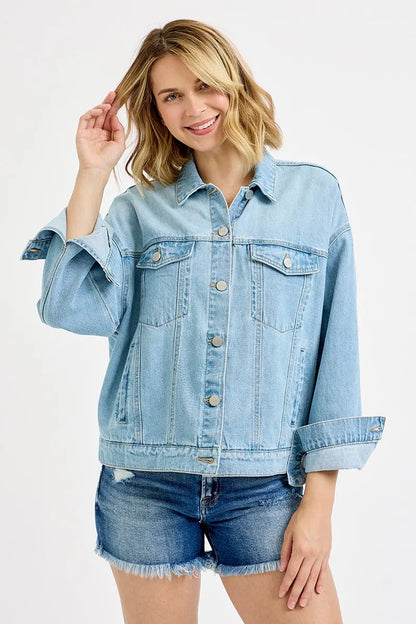 RISEN Washed Dropped Shoulder Denim Jacket - Tigbul's Variety Fashion Shop