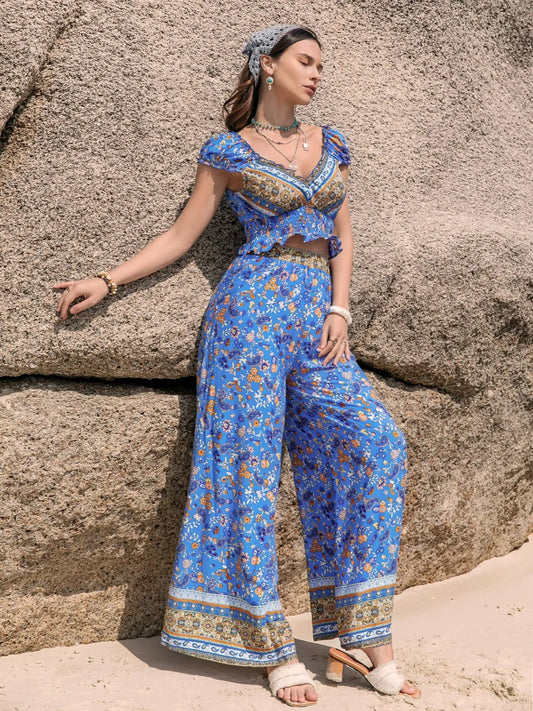 Printed V-Neck Top and Pants Set - Tigbul's Variety Fashion Shop