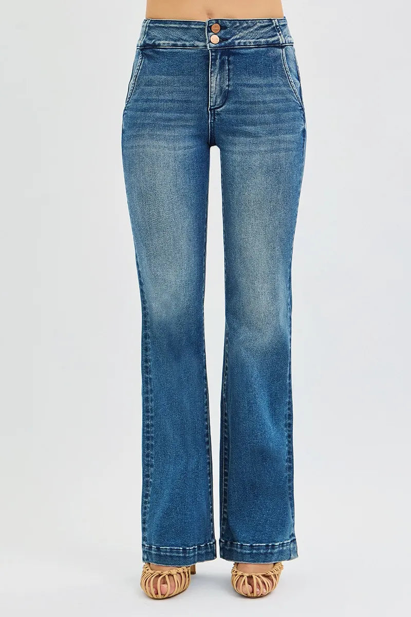 RISEN Full SIze Tummy Control High Rise Bootcut Jeans with Double Button Waistband Plus SIze - Tigbul's Variety Fashion Shop