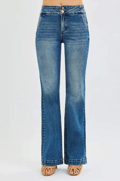 RISEN Full SIze Tummy Control High Rise Bootcut Jeans with Double Button Waistband Plus SIze - Tigbul's Variety Fashion Shop