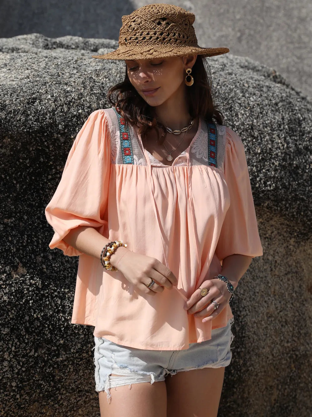 Tie Neck Half Sleeve Blouse - Tigbul's Variety Fashion Shop
