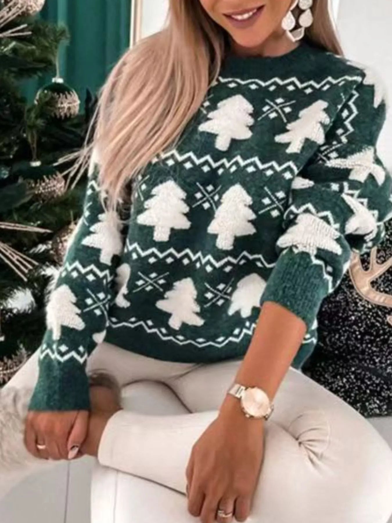 Christmas Tree Pattern Long Sleeve Sweater - Tigbul's Variety Fashion Shop