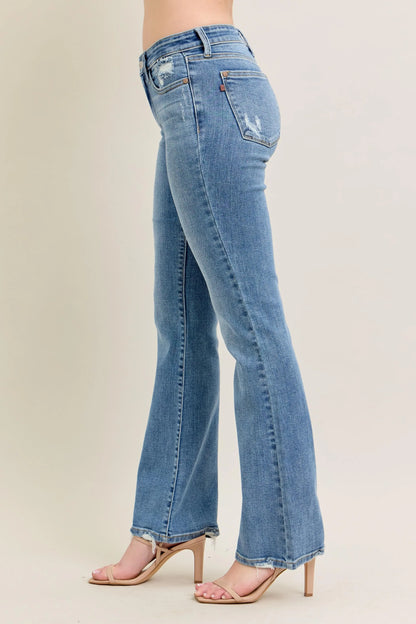 Judy Blue Full Size Mid Rise Wash Destroy Hem Bootcut Jeans Plus Size - Tigbul's Variety Fashion Shop