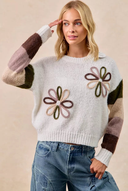 BiBi Flower Color Block Sweater - Tigbul's Variety Fashion Shop