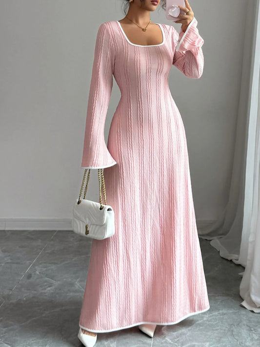 Textured Square Neck Long Sleeve Maxi Dress - Tigbul's Variety Fashion Shop