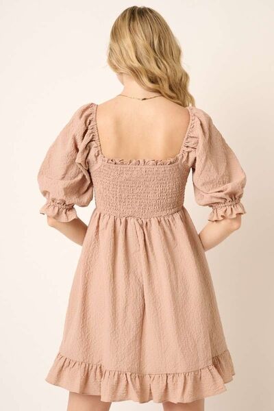 Taupe Smocked Ruffled Hem Half Sleeve Mini Dress - Tigbul's Variety Fashion Shop