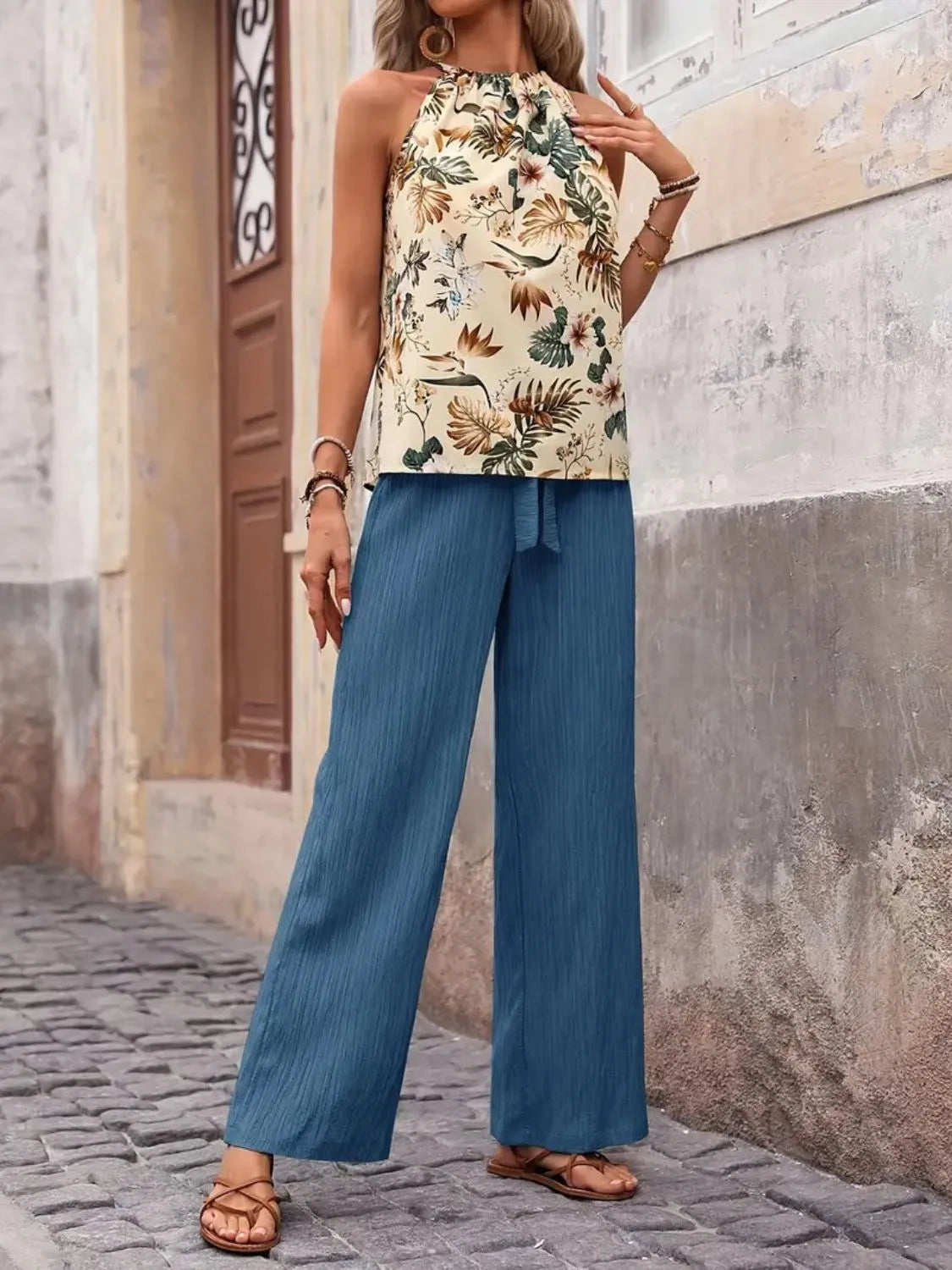 Printed Tank Top and Wide Leg Pants Set - Tigbul's Variety Fashion Shop