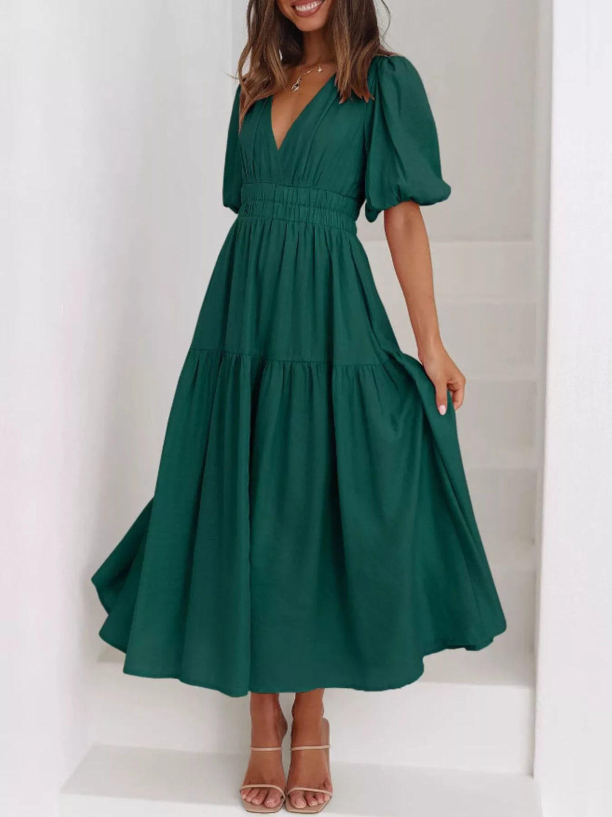 Elegant Puff Sleeve V-Neck Midi Dress | Tigbuls Variety Fashion Shop