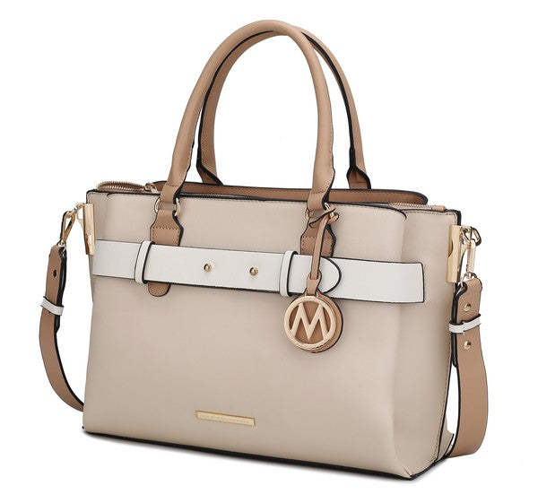 Beige Jamie satchel with white front strap, round M logo charm, detachable crossbody strap