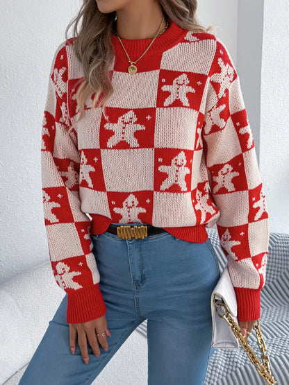 Christmas Checkerboard Gingerbread Round Neck Sweater - Tigbul's Variety Fashion Shop