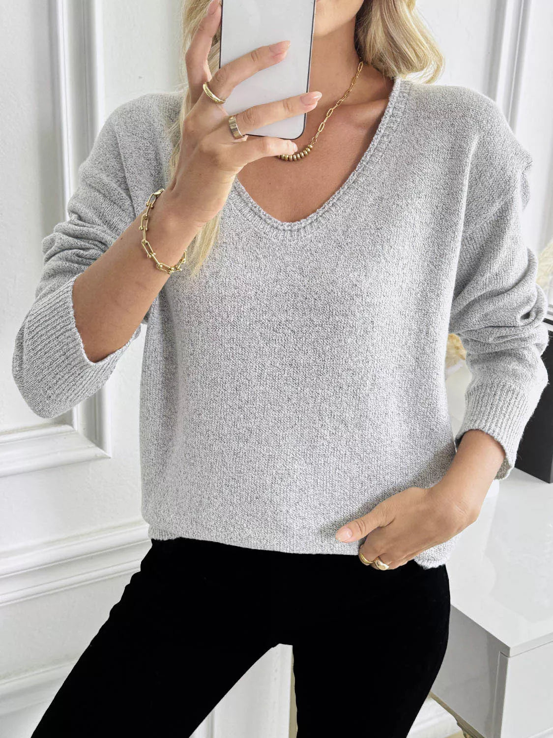 V-Neck Long Sleeve Knit Top - Tigbul's Variety Fashion Shop