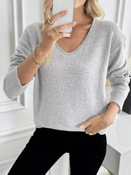 V-Neck Long Sleeve Knit Top - Tigbul's Variety Fashion Shop
