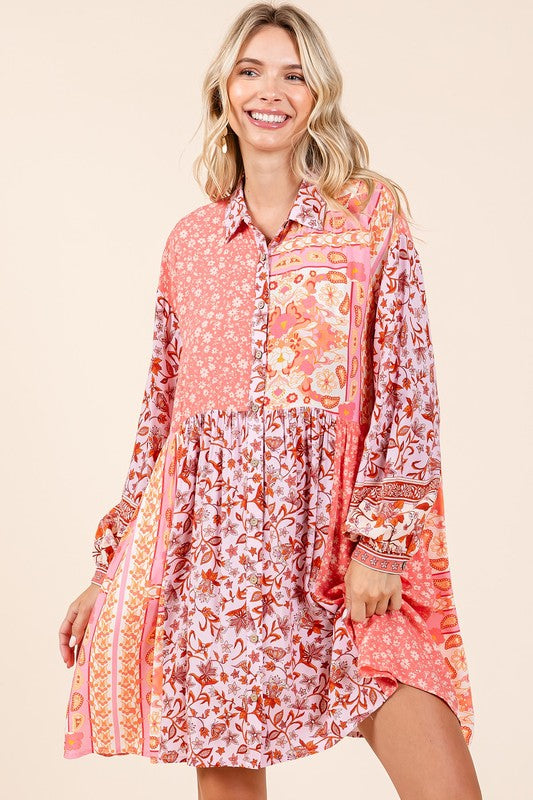Pink Floral Button Detail Long Sleeve Shirt Dress - Tigbul's Variety Fashion Shop