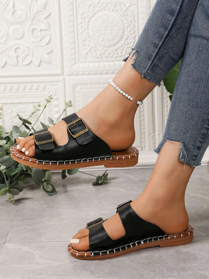 Double Buckle Strap Flat Sandals - Tigbul's Variety Fashion Shop