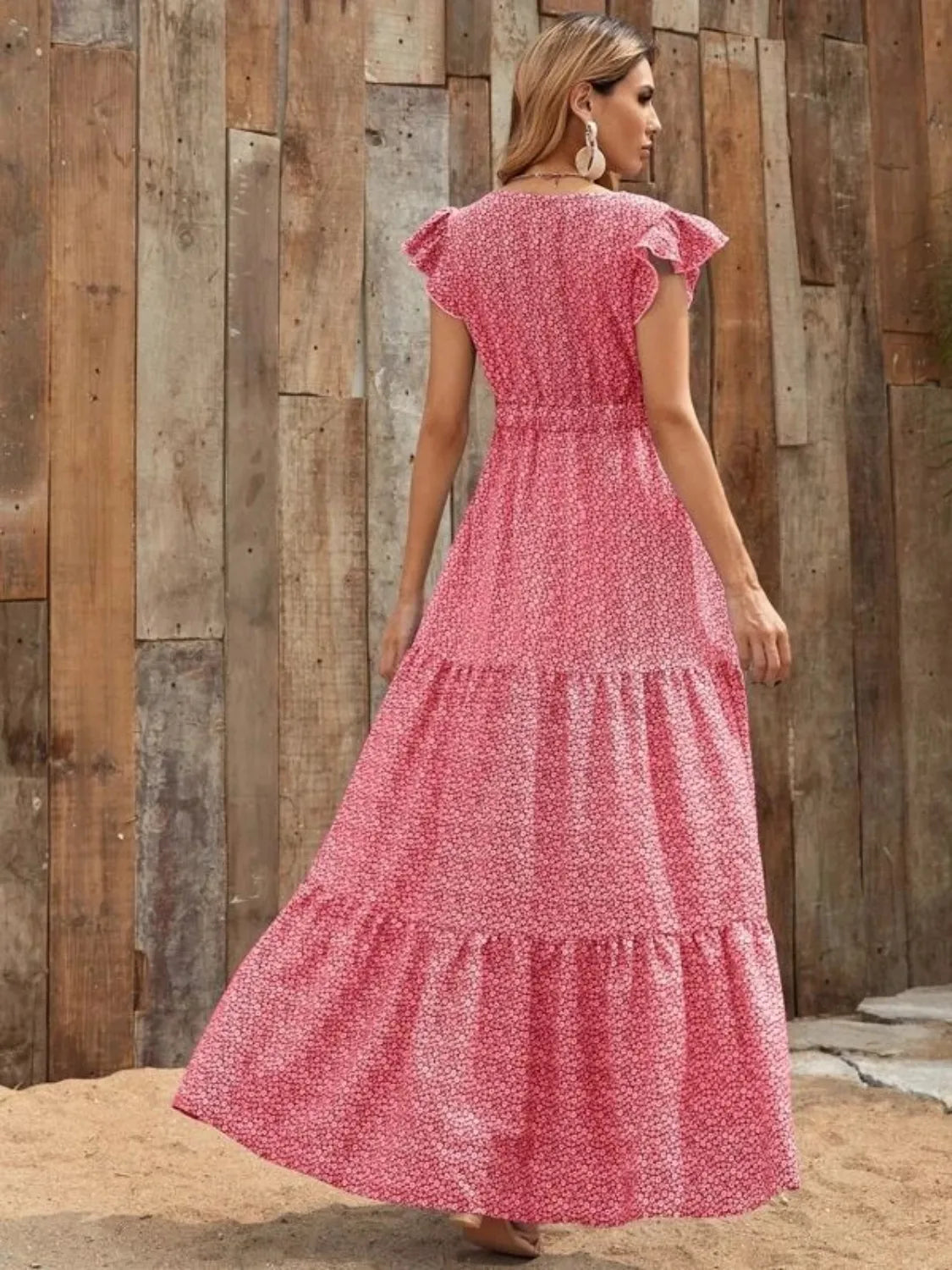 Printed V-Neck Ruffled Cap Sleeve Maxi Dress - Tigbul's Variety Fashion Shop
