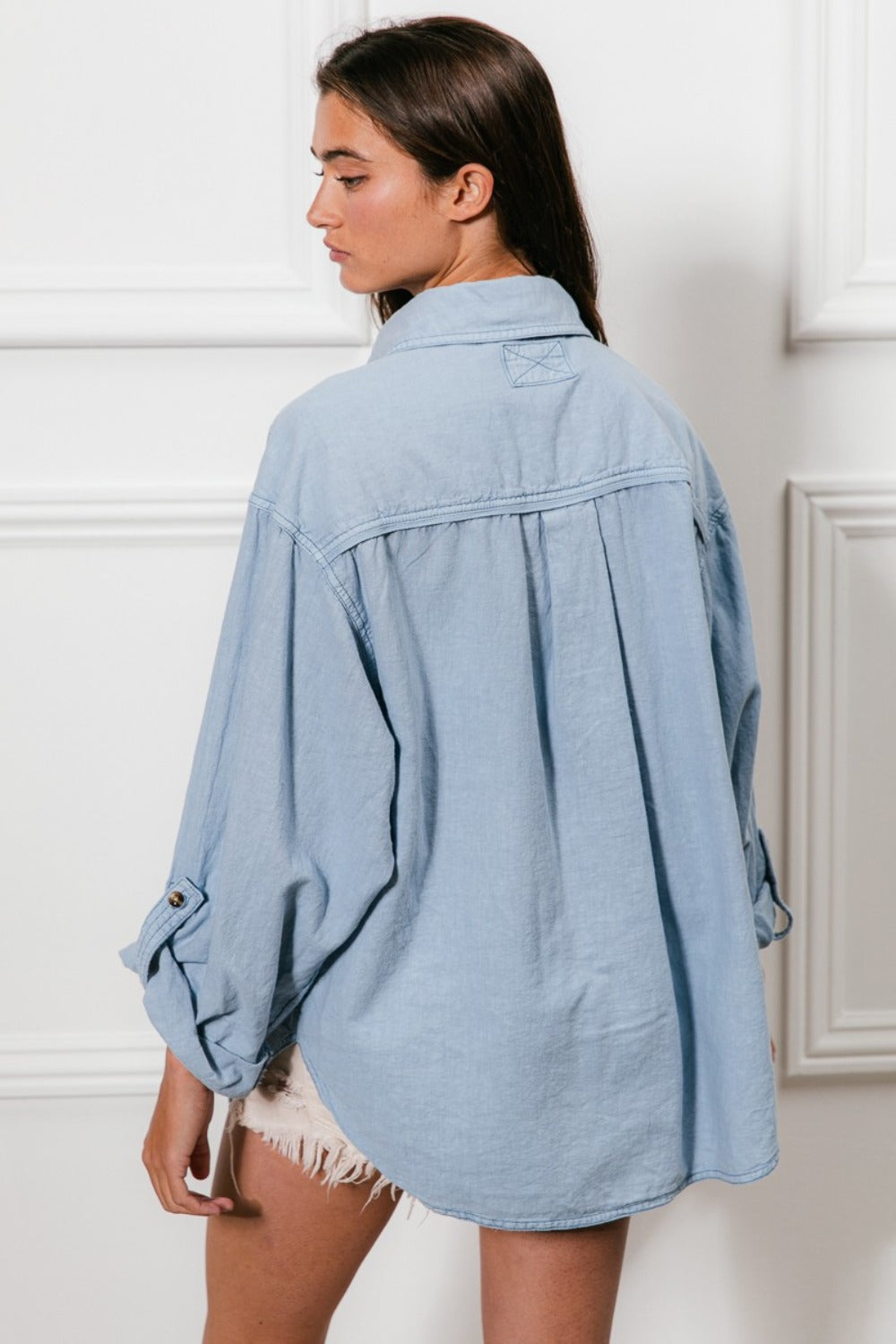 BiBi Button Down Stitch Detail Shirt with Chest Pockets - Tigbul's Variety Fashion Shop