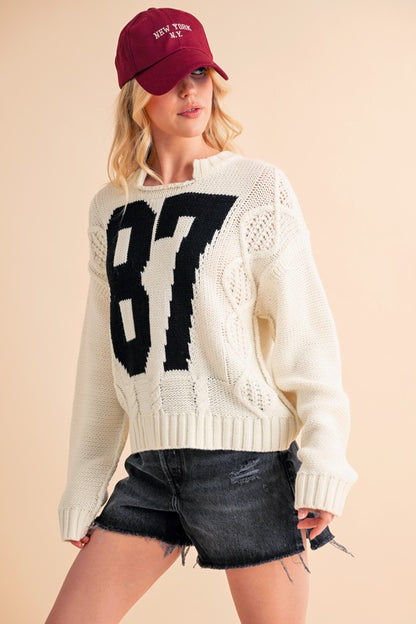 Contrast Number Cable Knit Drop Shoulder Sweater - Tigbul's Variety Fashion Shop