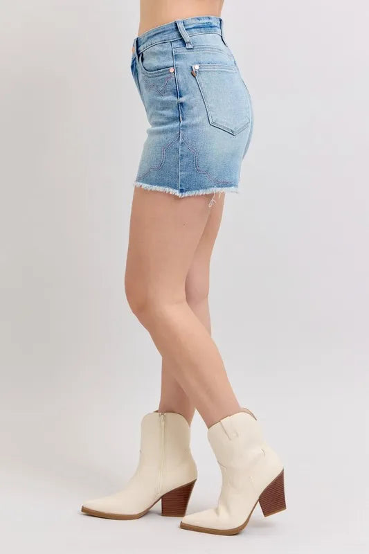 Judy Blue High Waist Western Embroidery Detail Cut Off Denim Shorts - Tigbul's Variety Fashion Shop