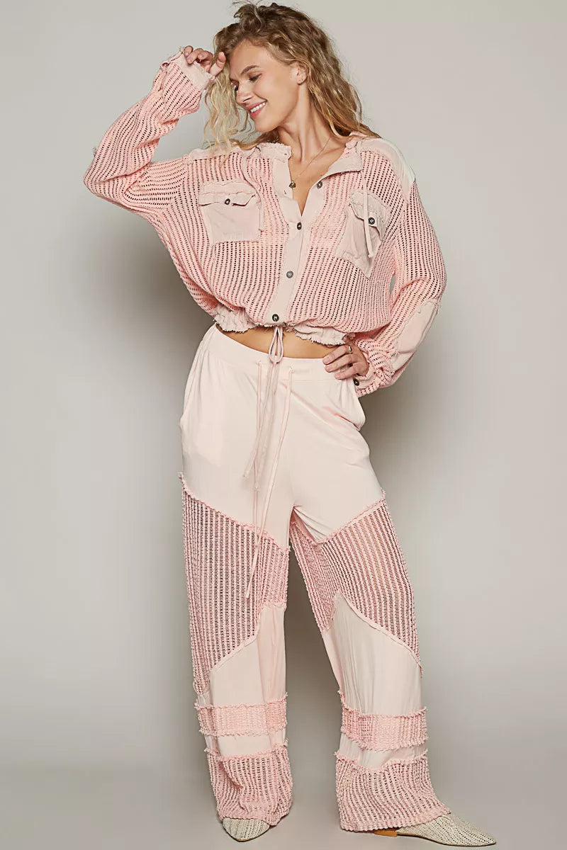 POL Texture Woven Button Down Hooded Shirt with Drawstring Hem - Tigbul's Variety Fashion Shop