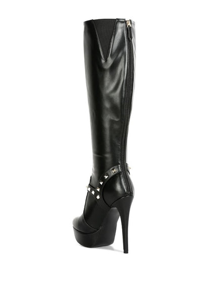 Size US 9 Black Nephele Silver Stud Stiletto Calf Boots - Tigbuls Variety Fashion