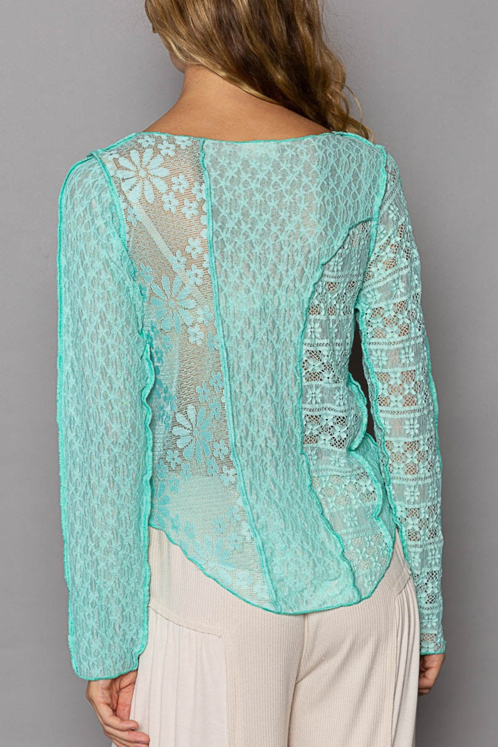 POL Exposed Seam Long Sleeve Lace Knit Top - Tigbul's Variety Fashion Shop