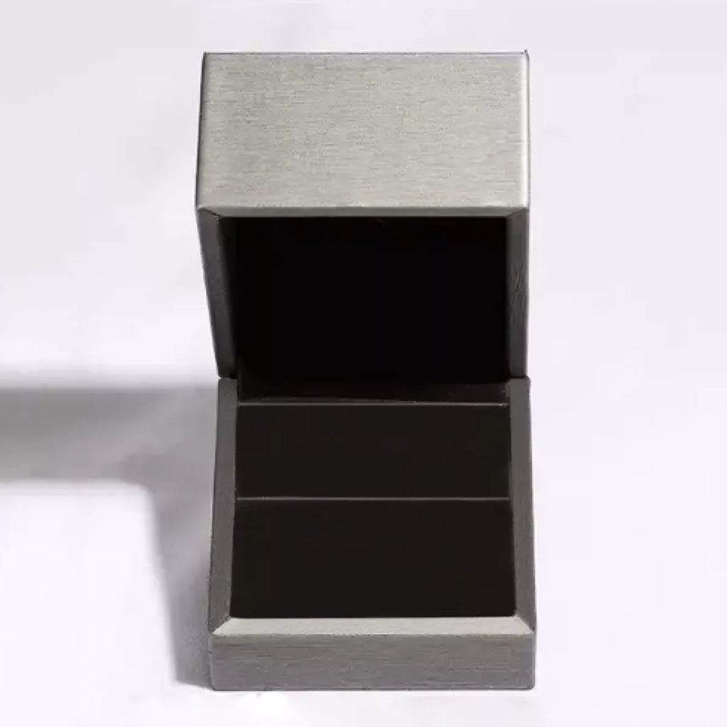 Earrings presentation box with open lid, matte gray case