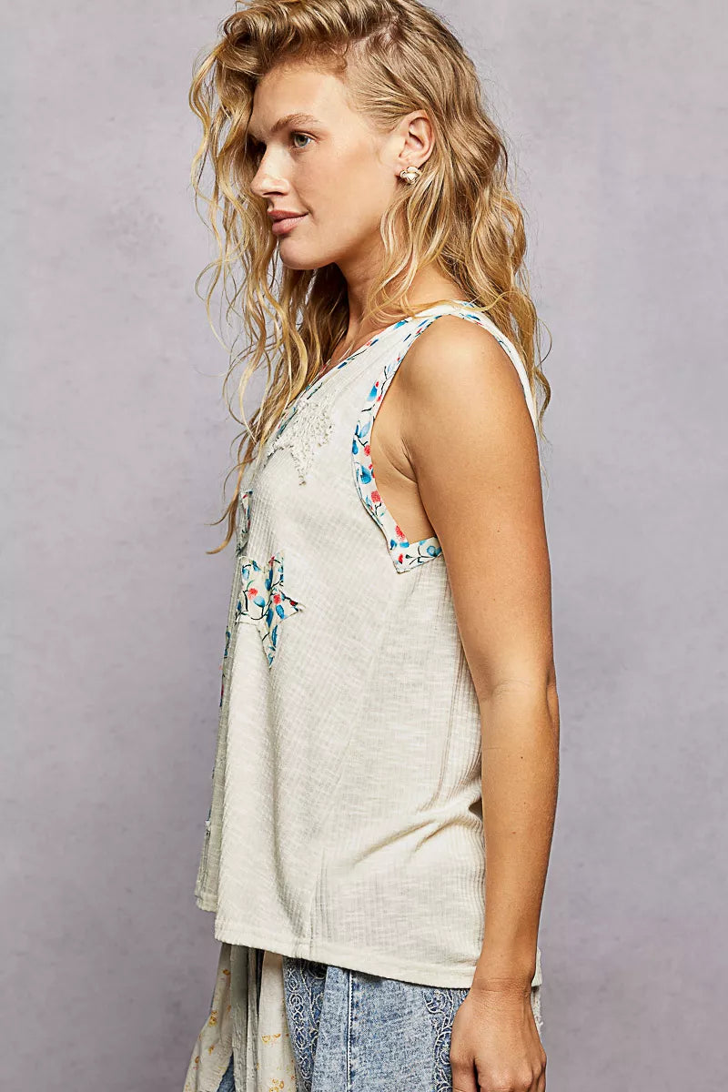 POL Floral Print Star Patch V-Neck Ribbed Tank | Tigbuls Variety