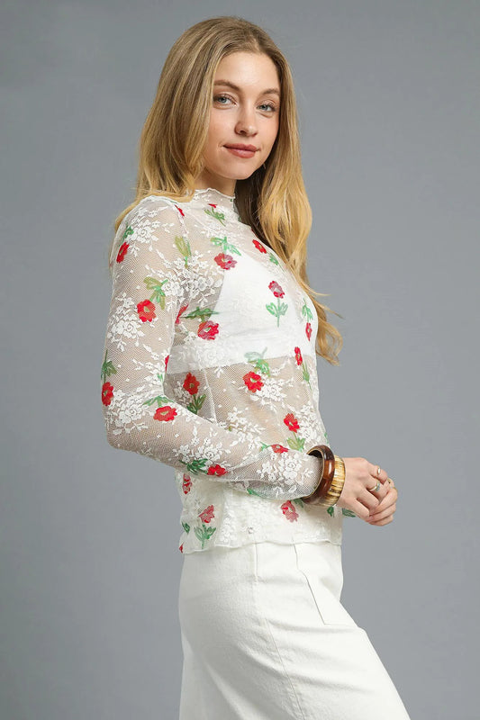 Umgee Floral Mock Neck Long Sleeve Sheer Top - Tigbul's Variety Fashion Shop
