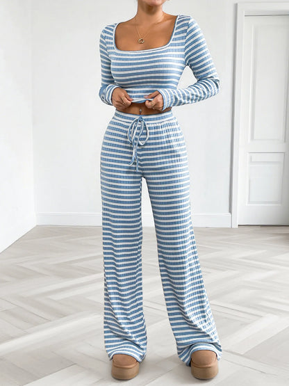 Striped Square Neck Long Sleeve Top and Pants Lounge Set - Tigbul's Variety Fashion Shop