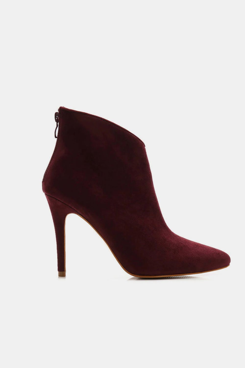 Burgundy Suede Stiletto Ankle Booties with Back Zippers - Tigbul's Variety Fashion Shop