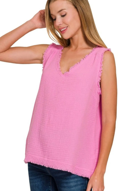 Pink Double Gauze Raw Edge V-Neck Tank - Tigbul's Variety Fashion Shop